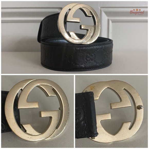Authentic Gucci Black Guccissima Leather Gold Interlocking G Buckle Belt 80/32 - Picture 2 of 13